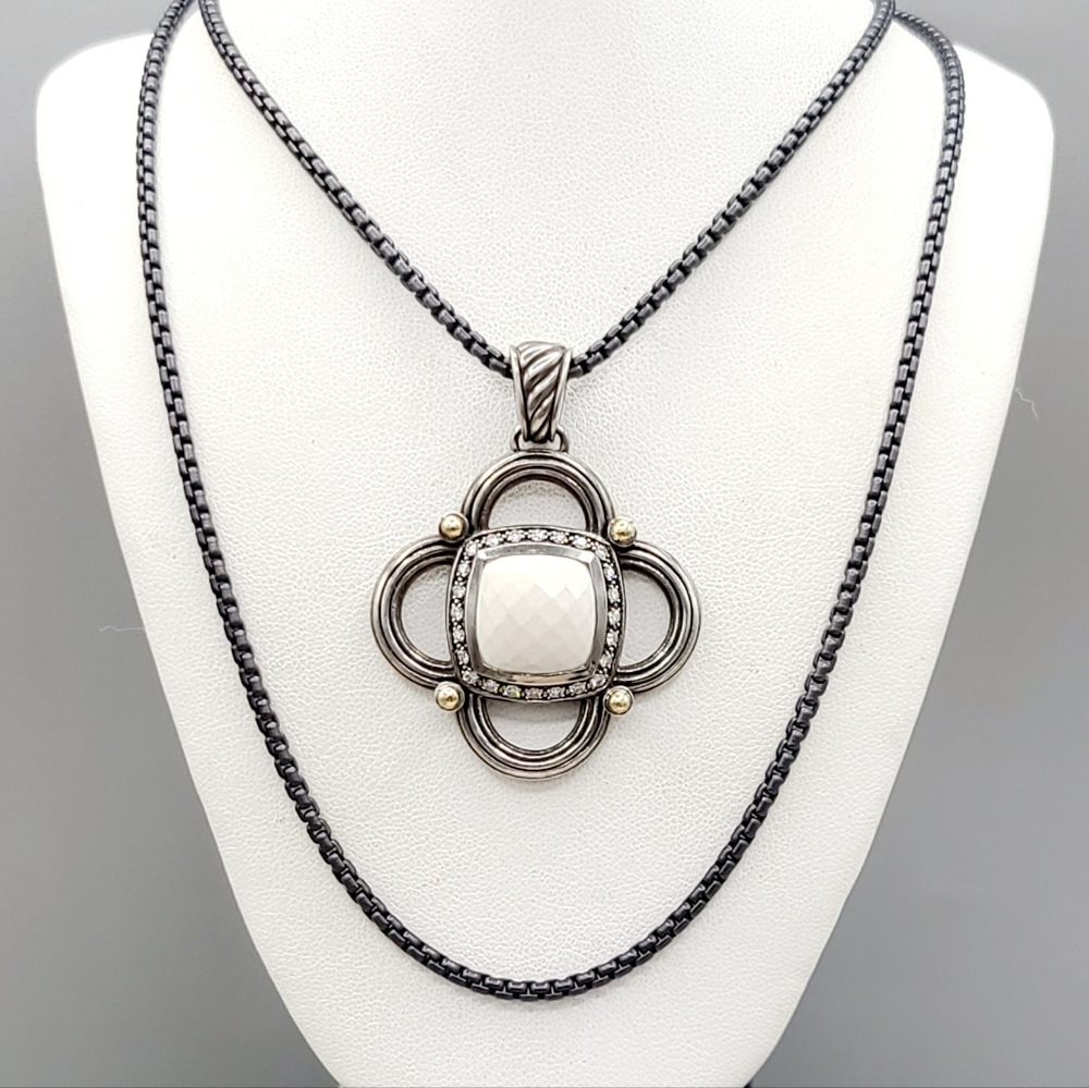 David Yurman Renaissance White Agate Diamond Pendant Enhancer With Gold - Picture 12 of 16